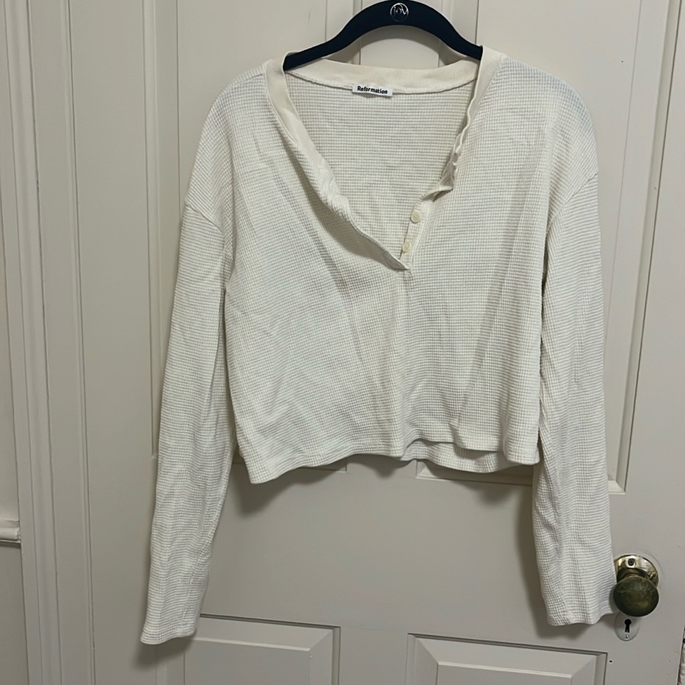 Cream Reformation Waffle Knit Cropped Thin Sweater